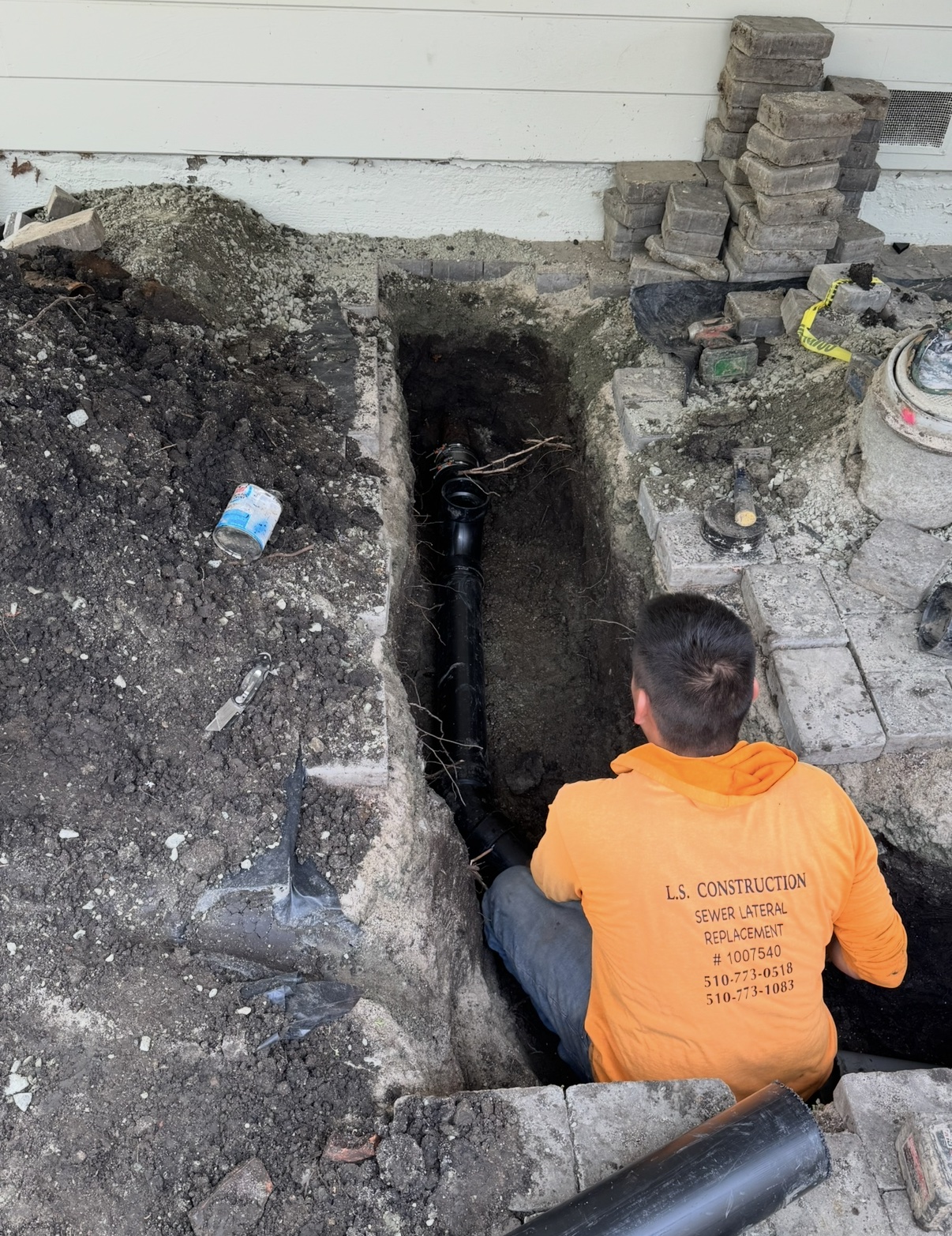 Sewer lateral replacement in progress at the Saranap home